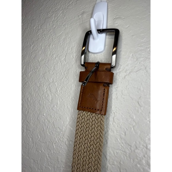 Tommy Bahama Mens Beige Woven Elastic Belt Leather Trim L/XL - Picture 2 of 5